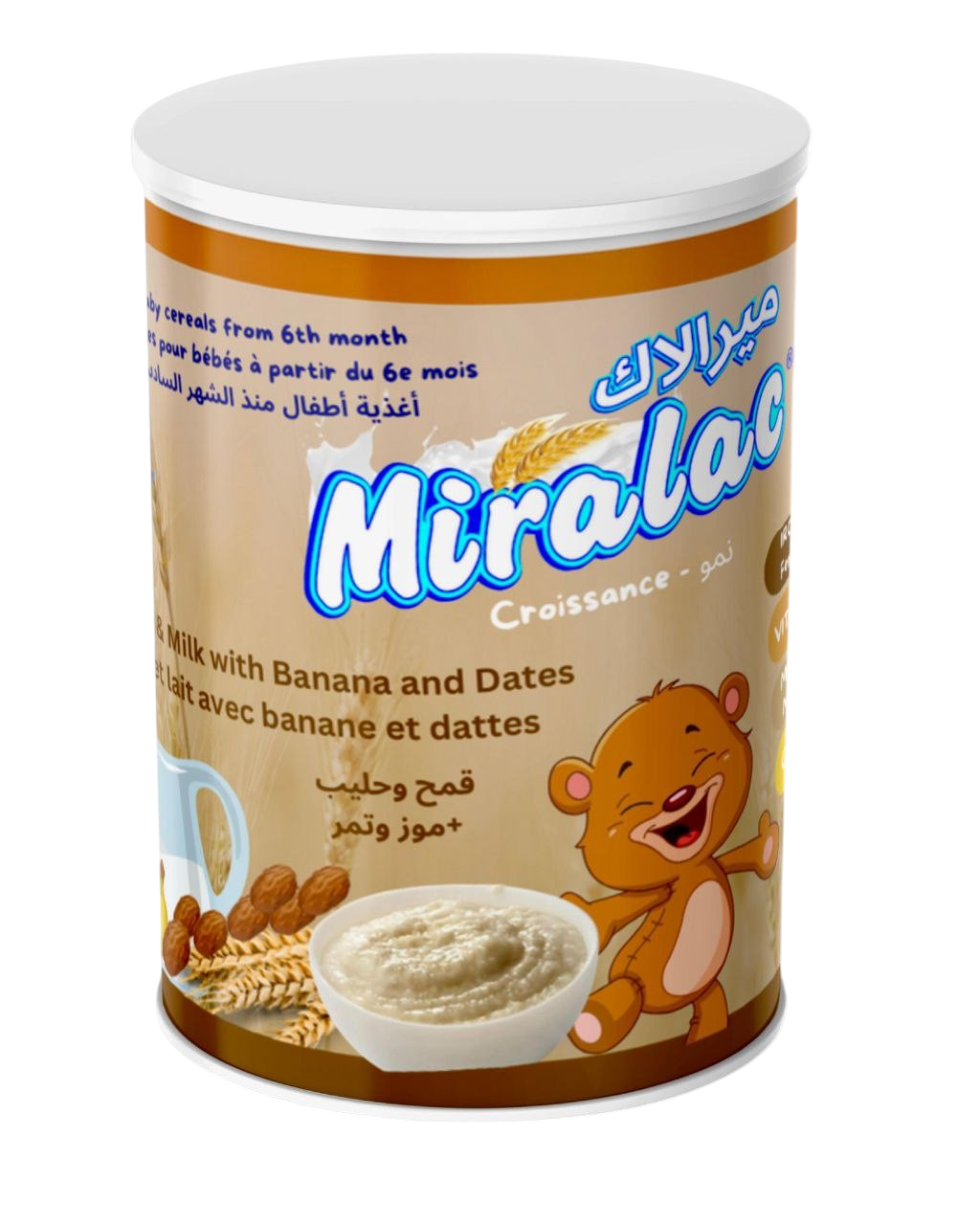 MIRALAK SOUP, 6-MONTH-OLD FORMULA WITH WHEAT, MILK, AND BANANA FLAVORS, WITH DATES